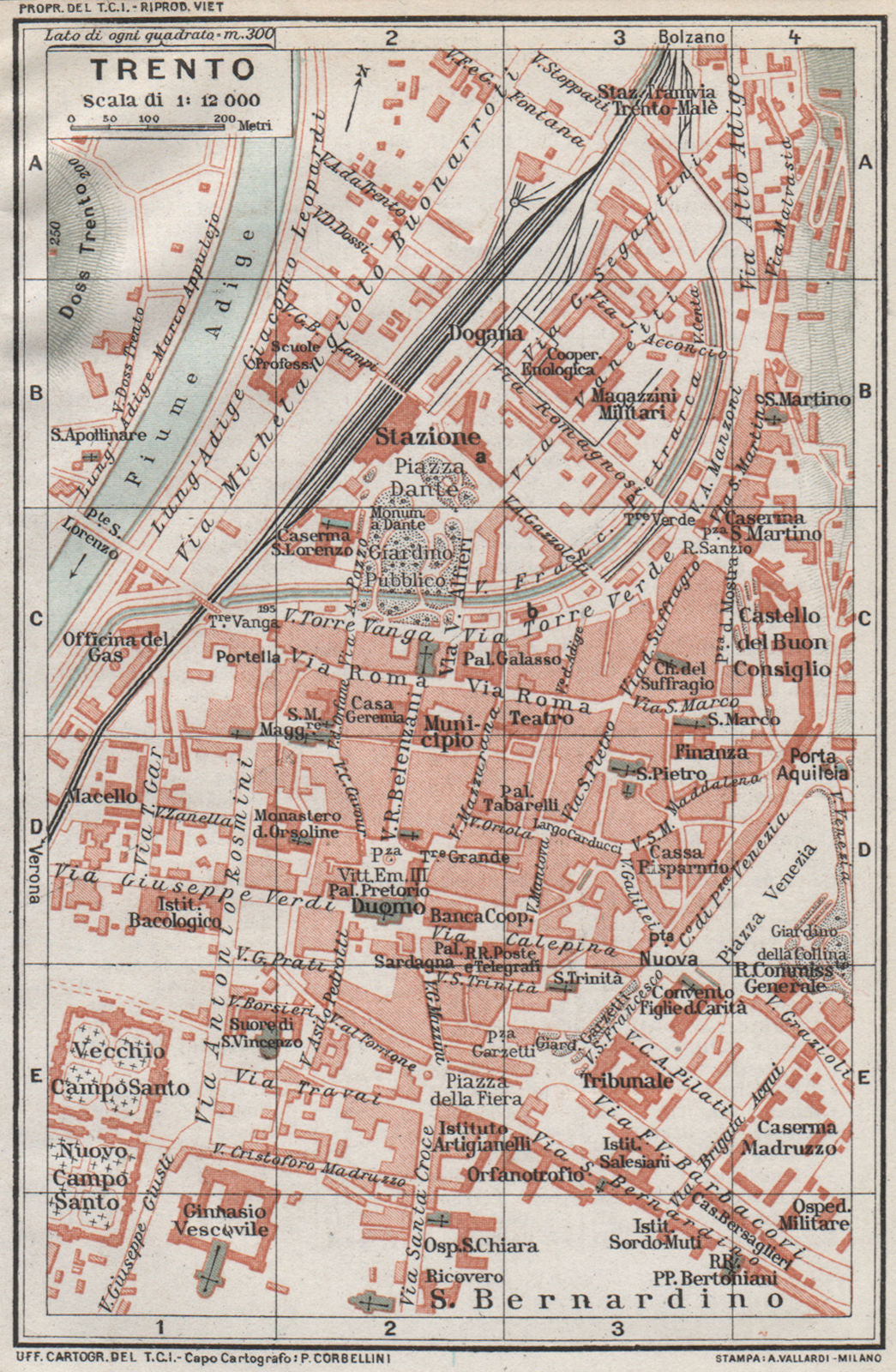TRENTO. Vintage town city map plan. Italy 1924 old antique chart